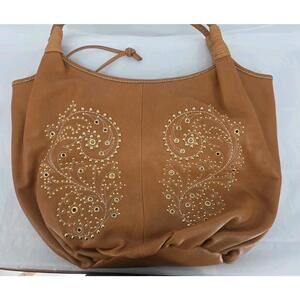 LUCE Genuine Leather Metal Studded handbag Camel Color Gold Studs Braided Handle